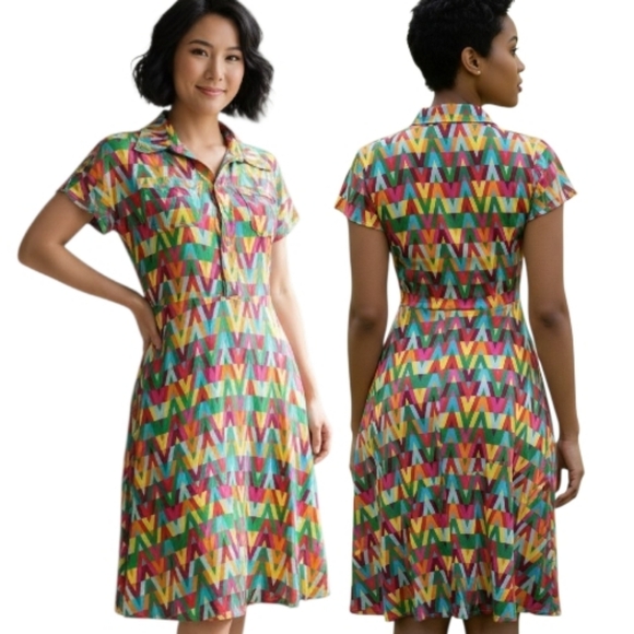 No Label Dresses & Skirts - Italian Silk Geometric Pattern Shirt Dress - Size M